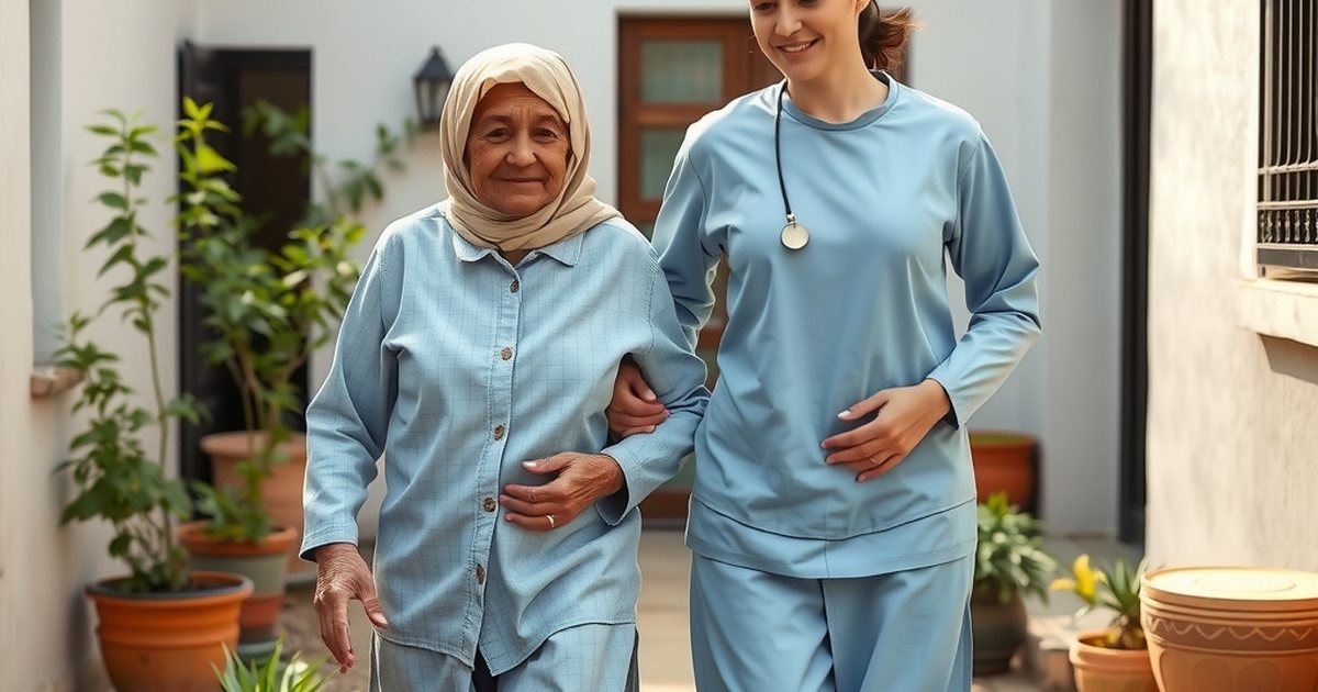 مساعدة الحياة ترافق سيّدة مسنّة في نزهة قصيرة داخل حديقة البيت: الحفاظ على الحركة جزء من الرعاية اليوميّة.