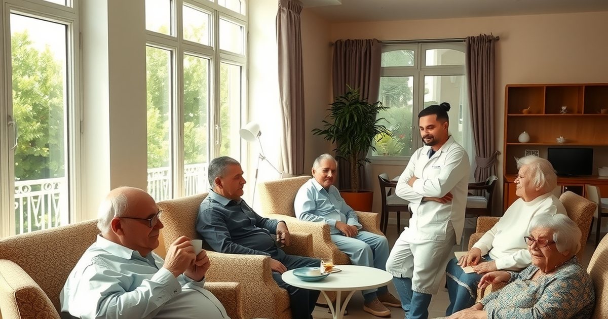 قاعة مشتركة في دار للأشخاص المسنّين: العمل في المؤسّسة يكون ضمن فريق وبمناوبات.