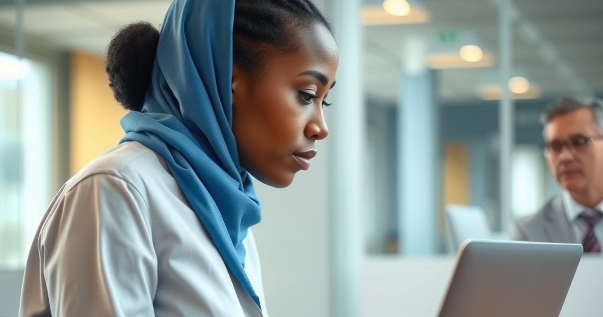 موظّفة تعمل على جدول بيانات في مكتب حديث