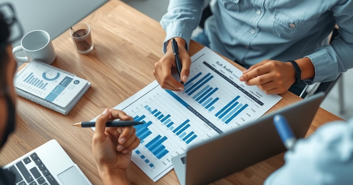 جدول بيانات وتقرير مبيعات على شاشة حاسوب في مكتب