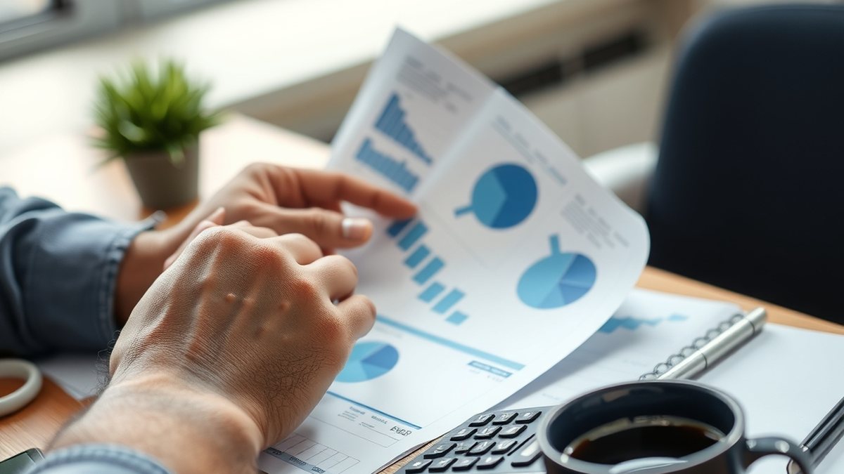 صاحب مشروع يراجع دراسة جدوى وأرقامها على مكتبه