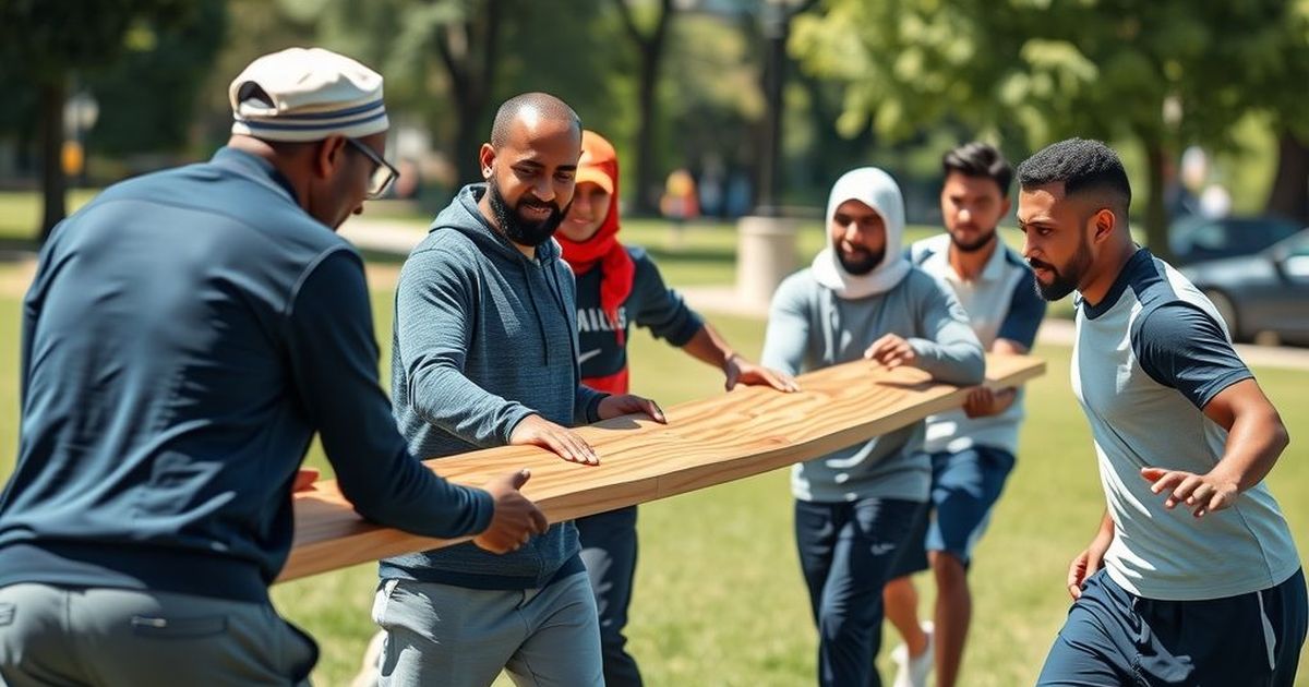 فريق يعمل معًا على تحدٍّ في الهواء الطلق