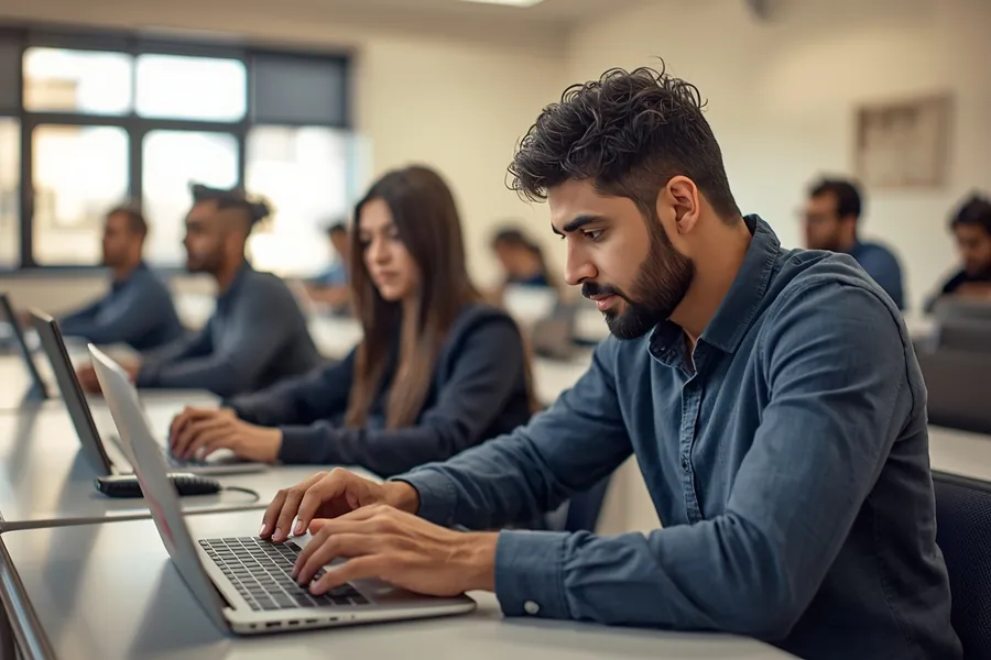 Des apprenants sur ordinateur dans une salle de formation
